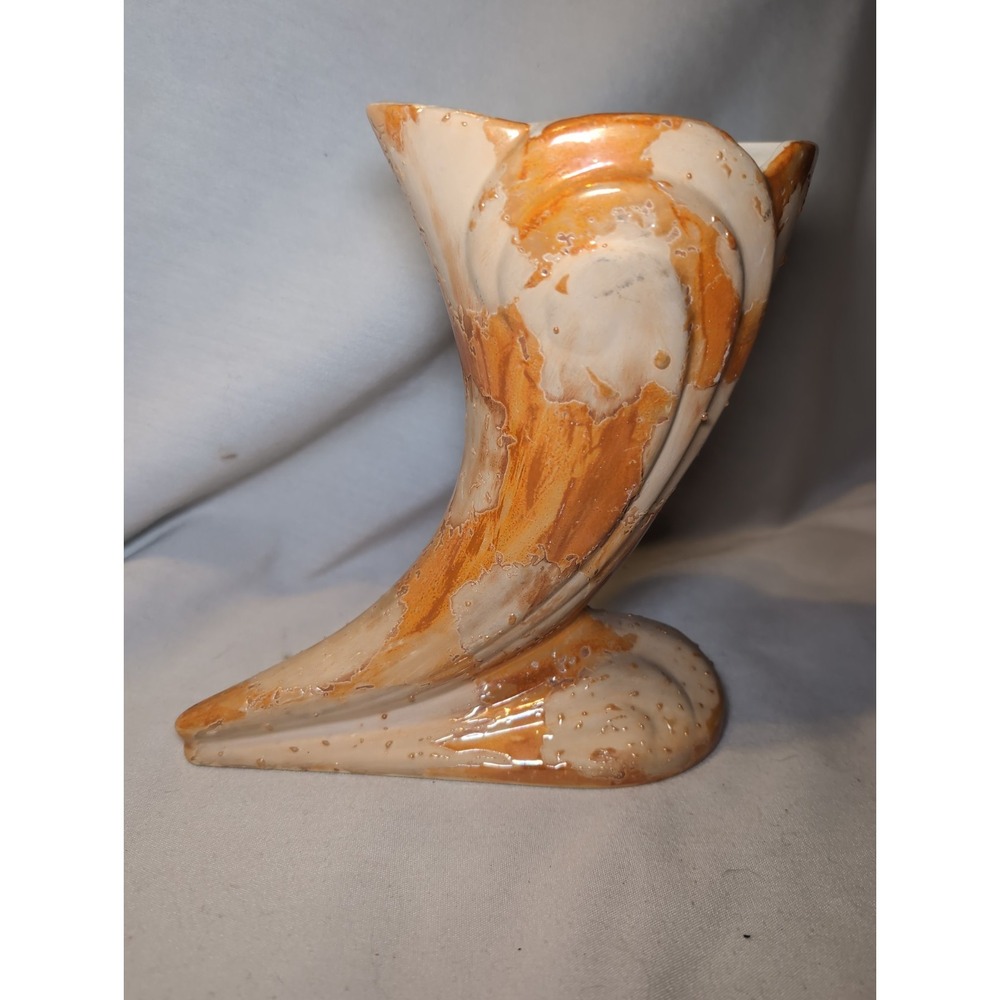 Vintage 70s MCM Pottery Ceramic Vase Planter Cornucopia 8"x7.5" Shiny Splatter